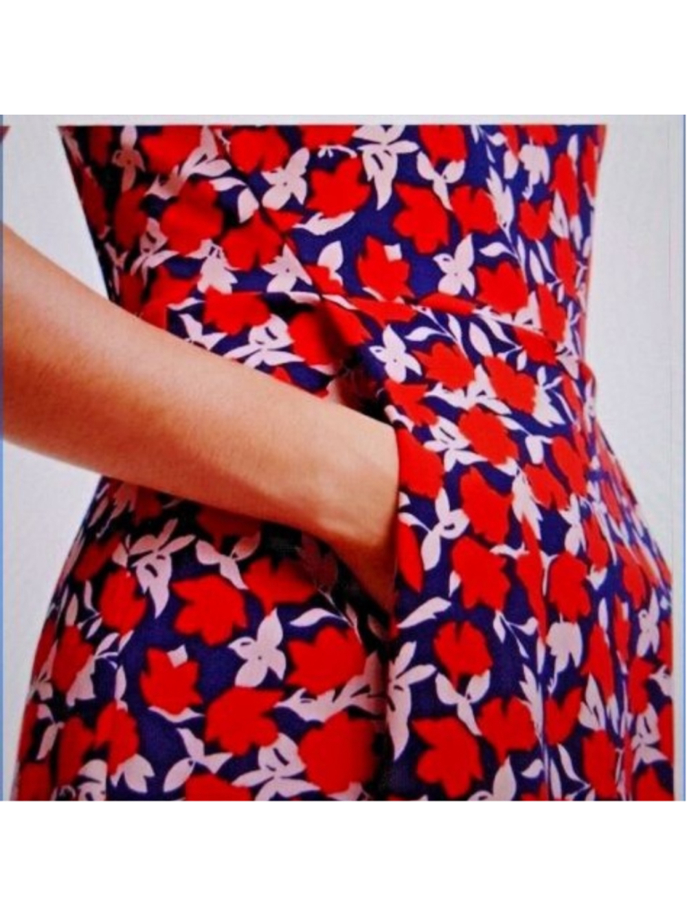 Boden Miriam Ponte Midi Dress Size 12 Red Navy Floral Sleeveless Pockets Preppy - Picture 4 of 12